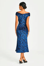 Floral Velvet Devore Bardot Pleated Midi Dress In Navy