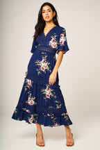 Floral Print V Neck Lace Detail Midi Dress In Navy