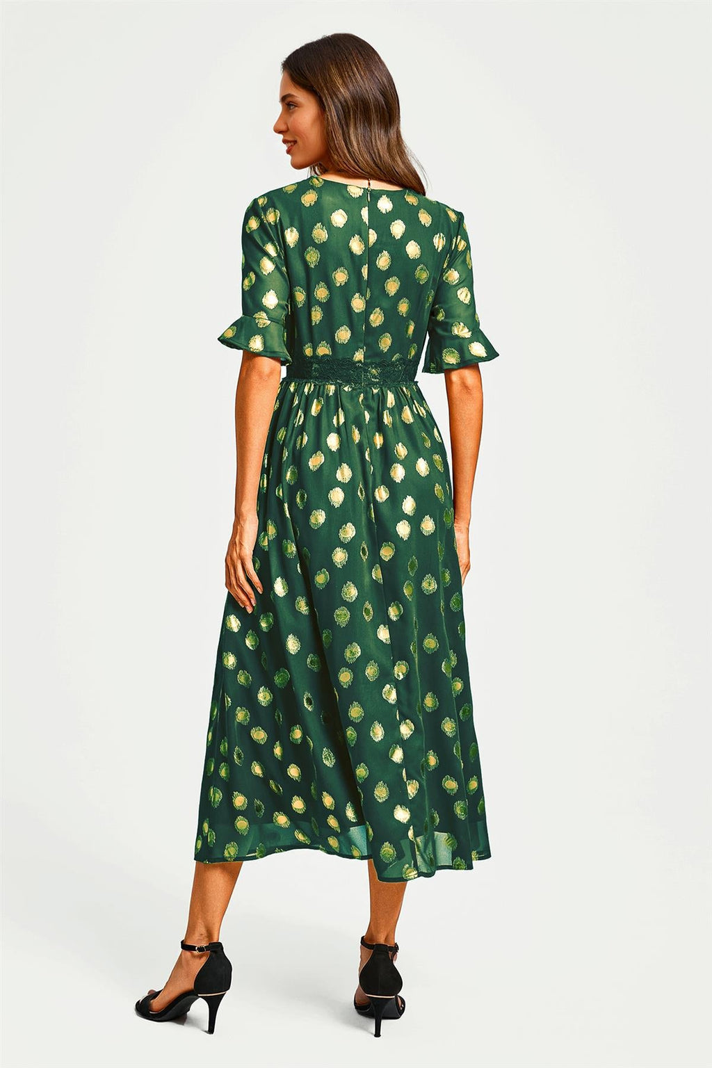 Gold Foil Long Sleeve Lace Trim V Neck Maxi Dress In Green