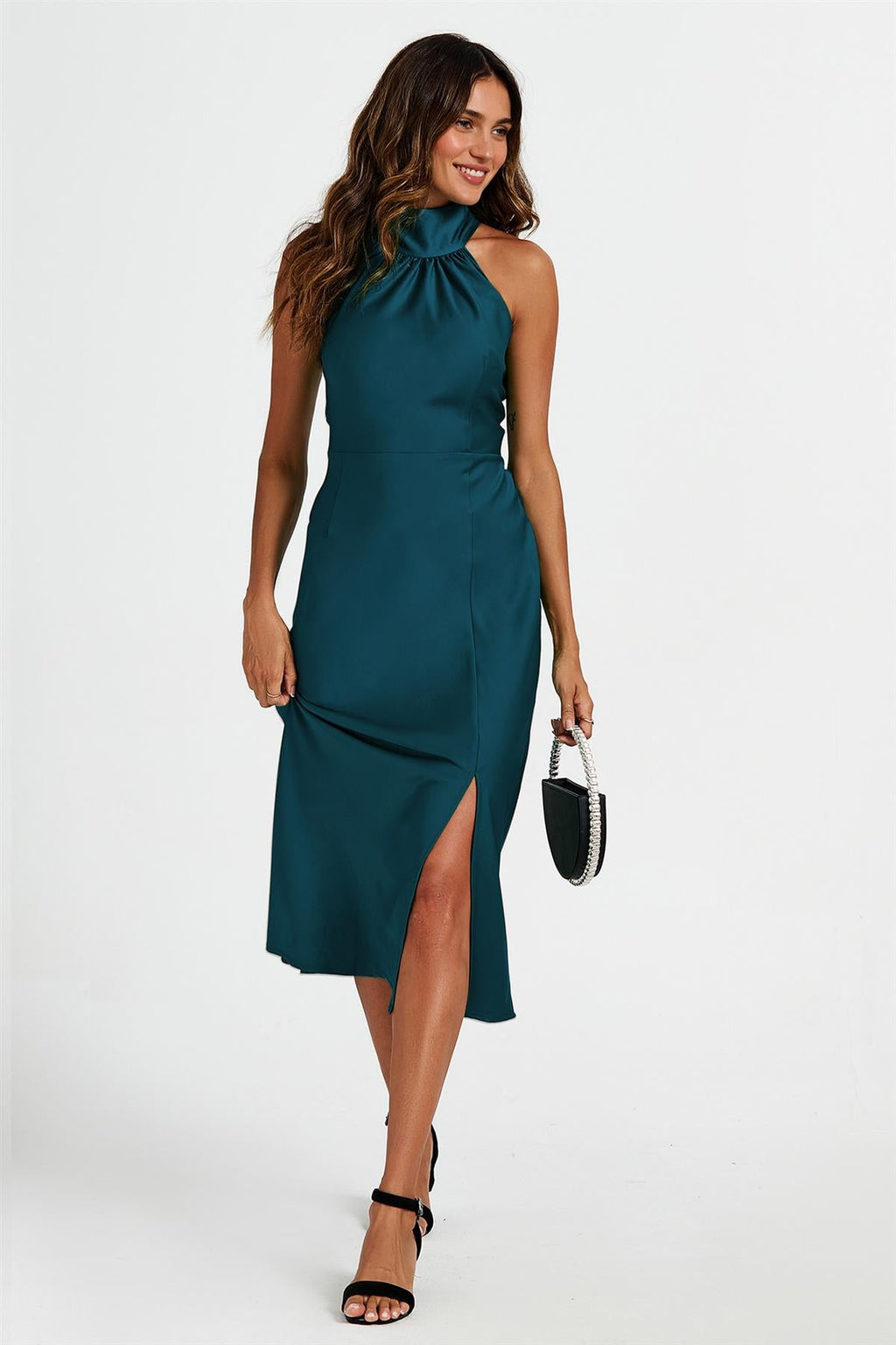 Satin Halter Neck Tie Back Midi Dress In Teal