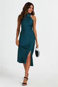 Satin Halter Neck Tie Back Midi Dress In Teal