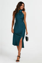Satin Halter Neck Tie Back Midi Dress In Teal