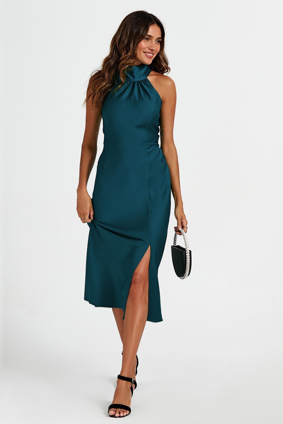 Satin Halter Neck Tie Back Midi Dress In Teal