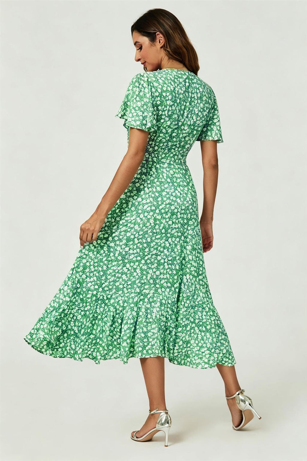 Floral Print Midi Wrap Dress In Light Green