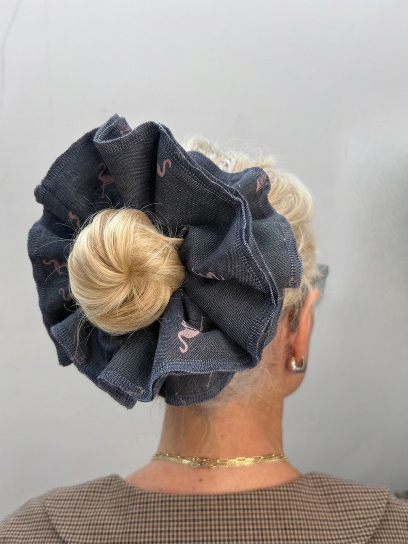 Organic Cotton pink flamingoes denim scrunchie - Azaria | No More Nobody