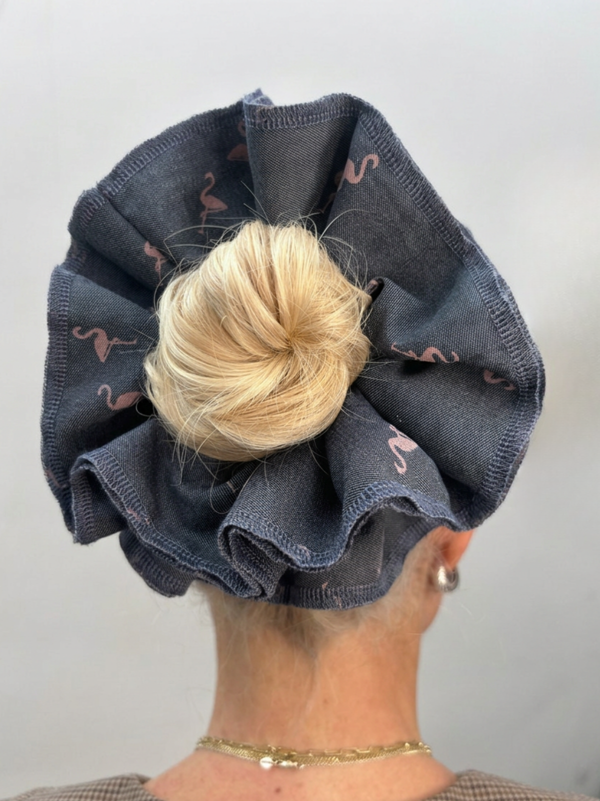 Organic Cotton pink flamingoes denim scrunchie - Azaria | No More Nobody
