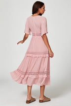 V Neck Lace Detail Midi Dress In Rose Nude