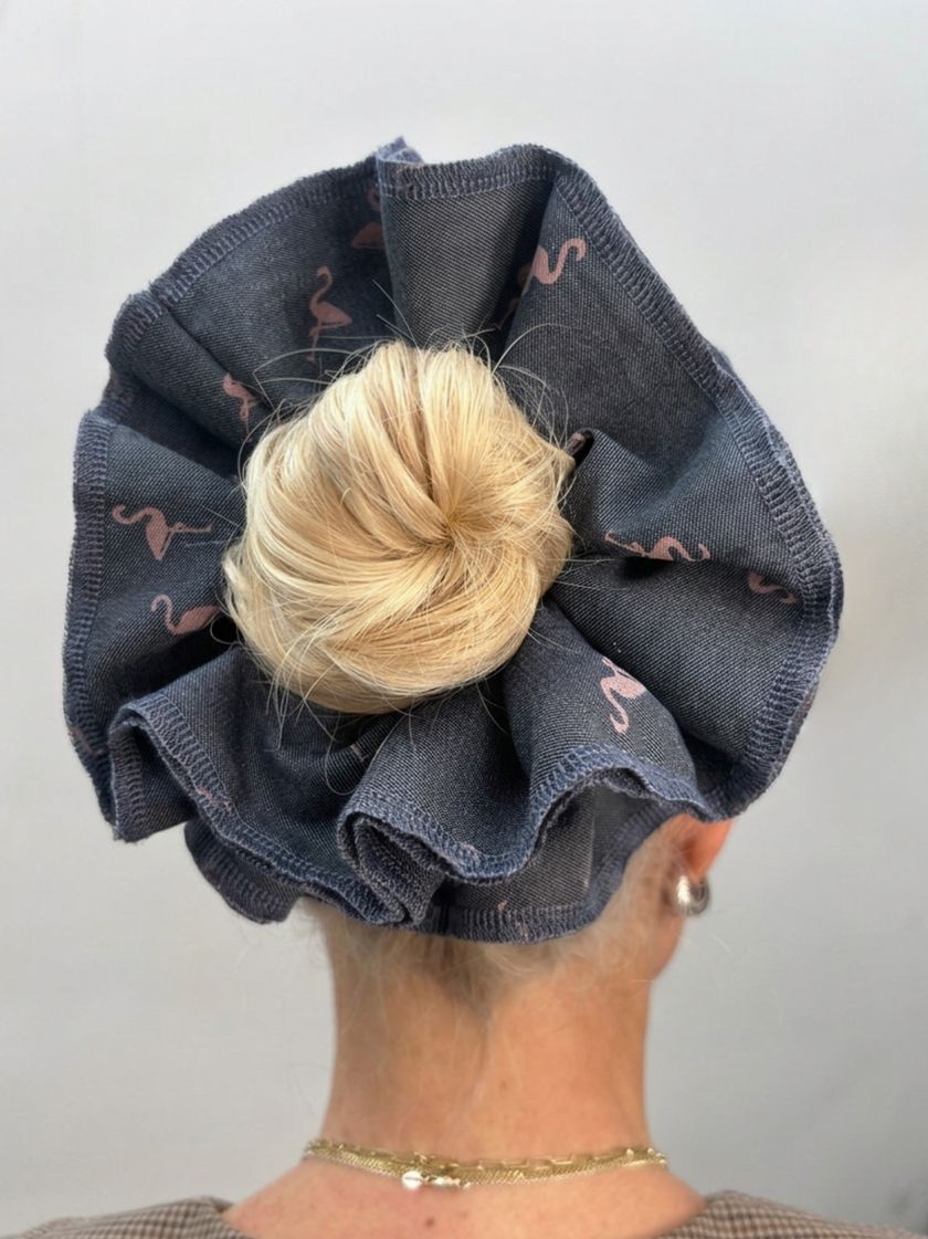 Organic Cotton pink flamingoes denim scrunchie - Azaria | No More Nobody