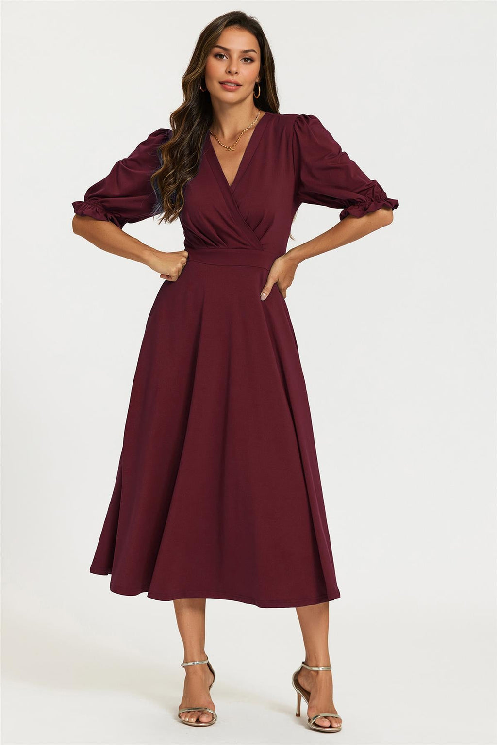 Half Sleeves Jersey Midi Dress with Wrap Neckline In Wine