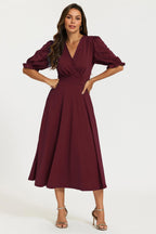 Half Sleeves Jersey Midi Dress with Wrap Neckline In Wine
