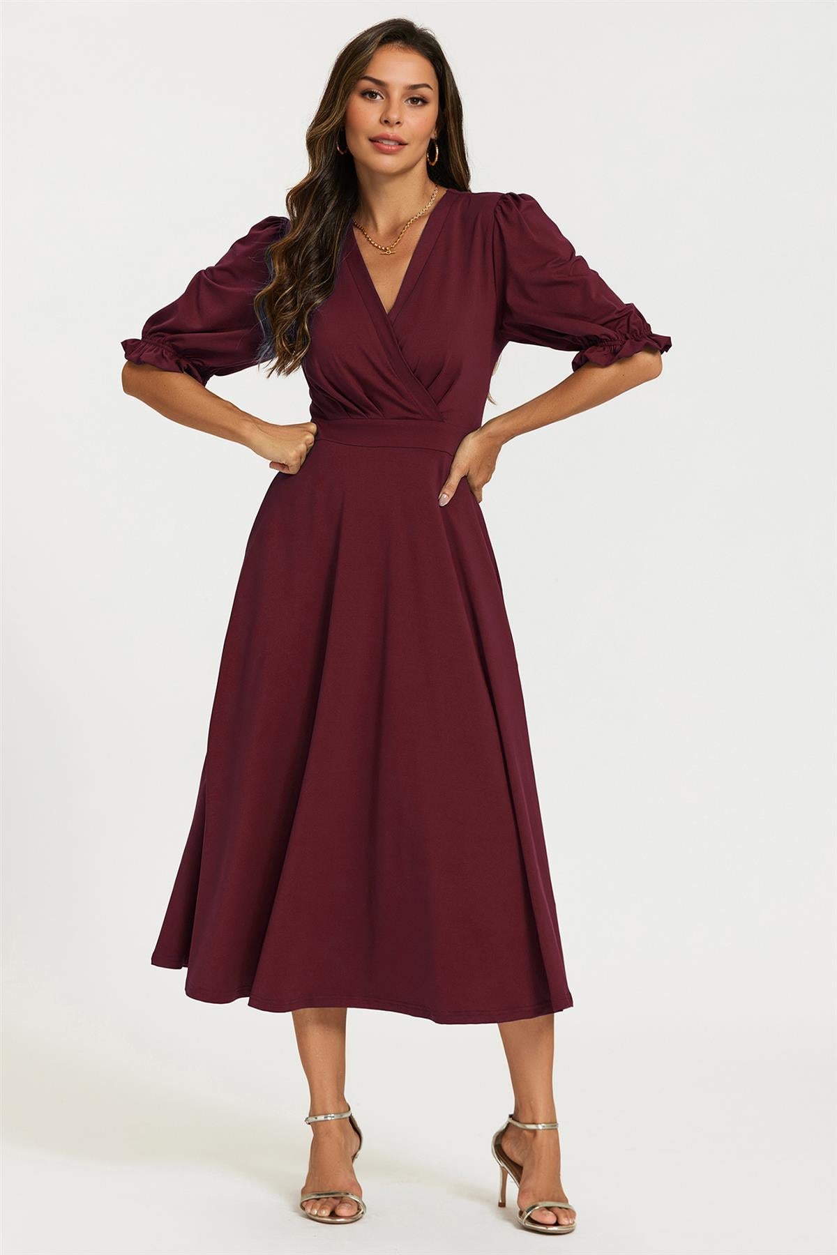 Half Sleeves Jersey Midi Dress with Wrap Neckline In Wine