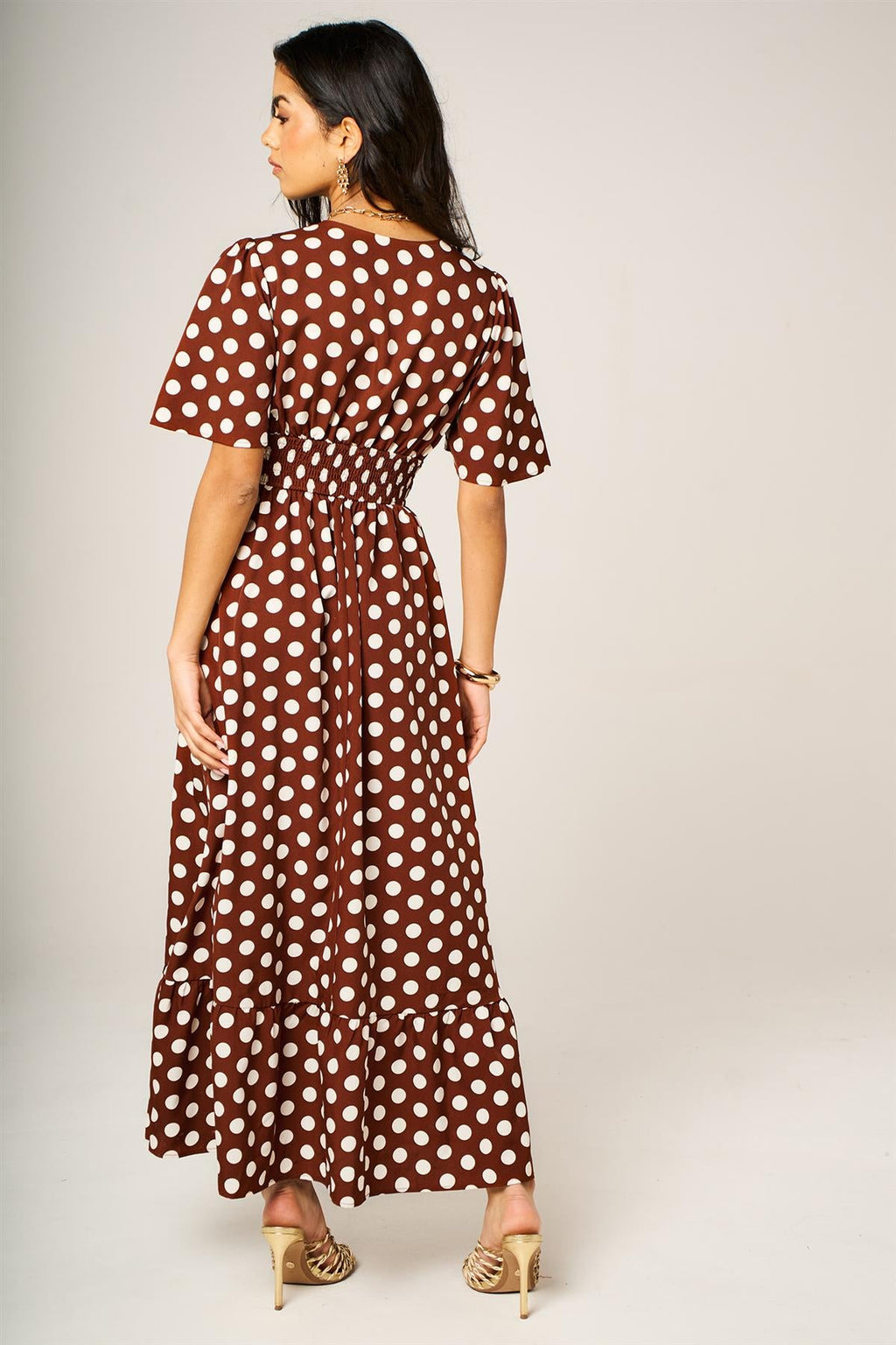 Dot Print Angel Sleeve V Neck Frill Hem Midi Dress In Brown