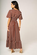 Dot Print Angel Sleeve V Neck Frill Hem Midi Dress In Brown