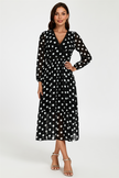 Robe longue noire à manches longues, imprimé pois et dentelle