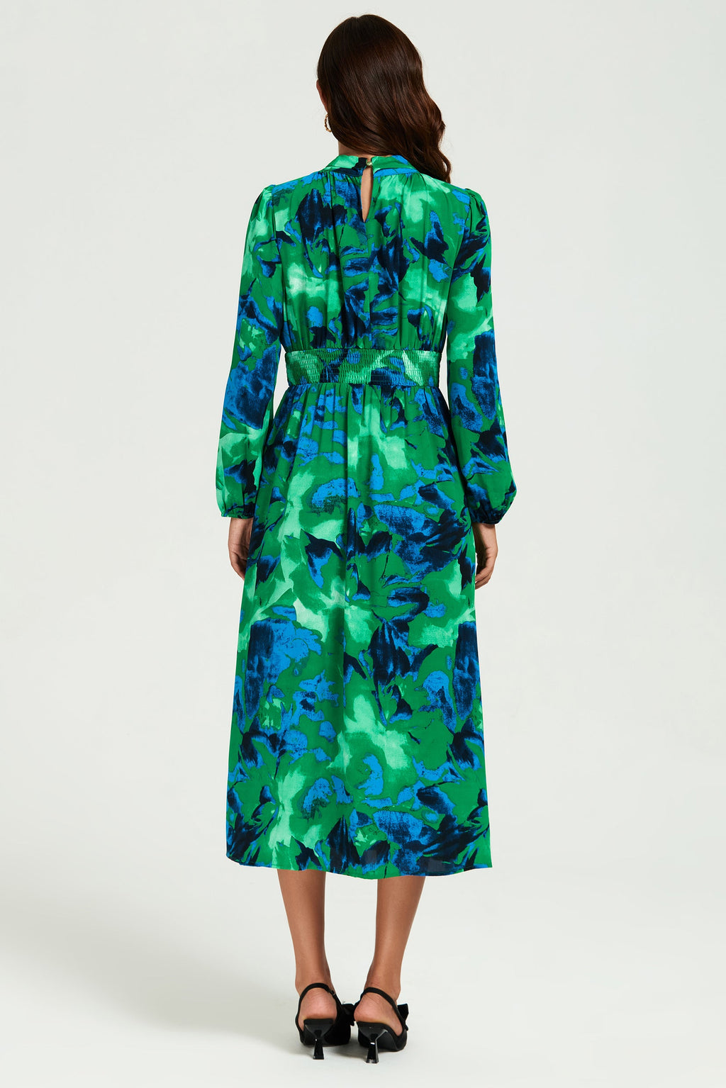 Abstract Floral Print Long Sleeve Midi Dress In Green