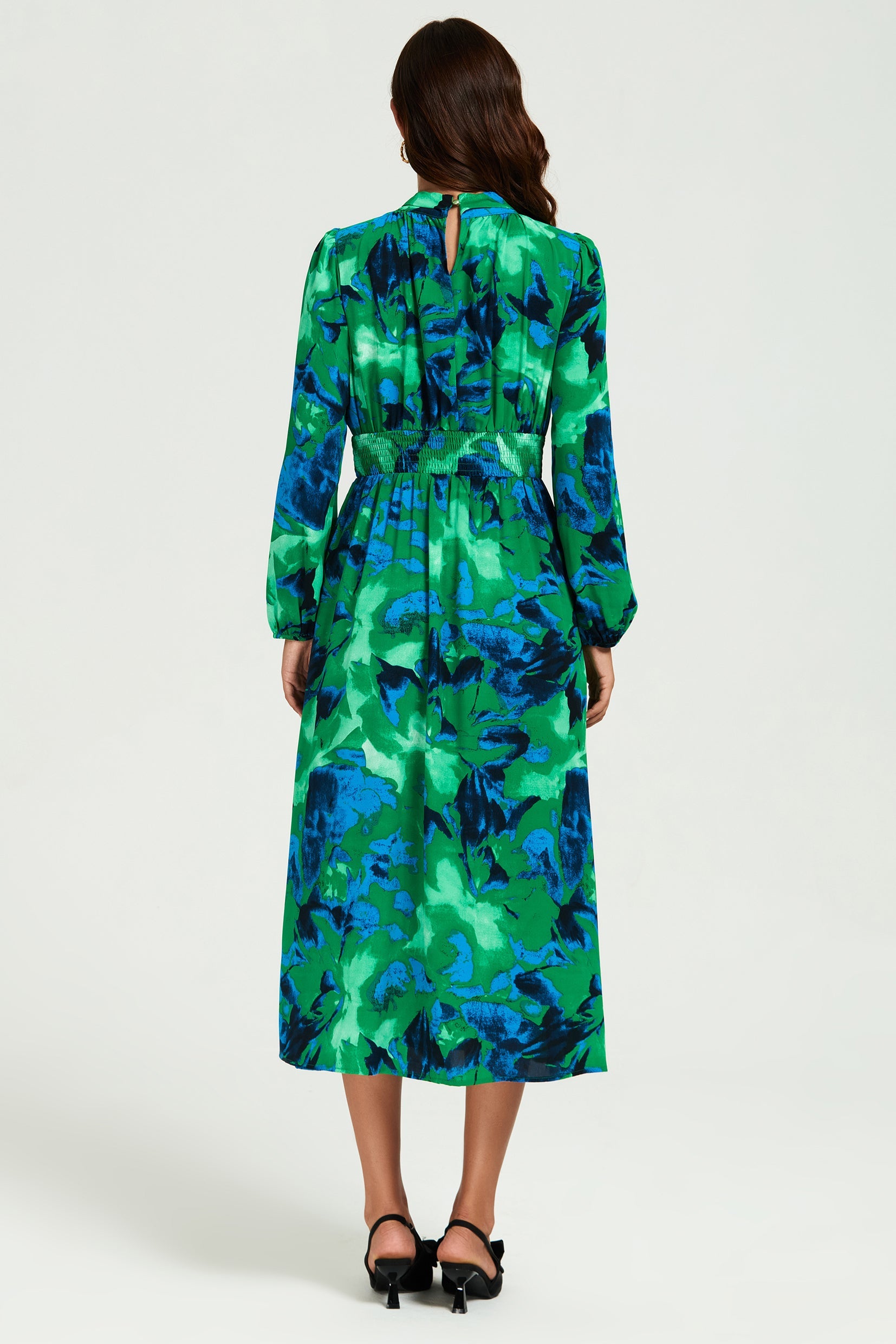 Abstract Floral Print Long Sleeve Midi Dress In Green