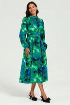 Abstract Floral Print Long Sleeve Midi Dress In Green