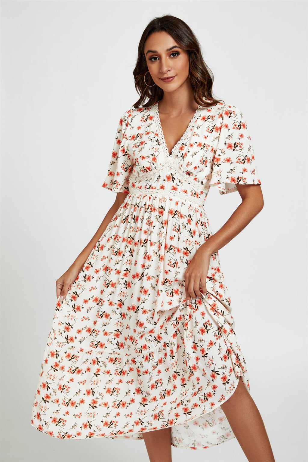 Red Floral Print Lace Detail Angel Sleeve Midi Dress In Cream