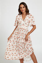 Red Floral Print Lace Detail Angel Sleeve Midi Dress In Cream