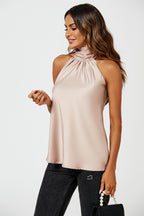 Satin Halter Neck Tie Back Top In Light Brown