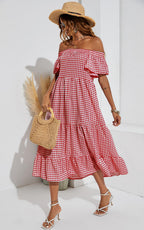 Relaxed Off Shoulder Bardot Frill Midi Dress In Red