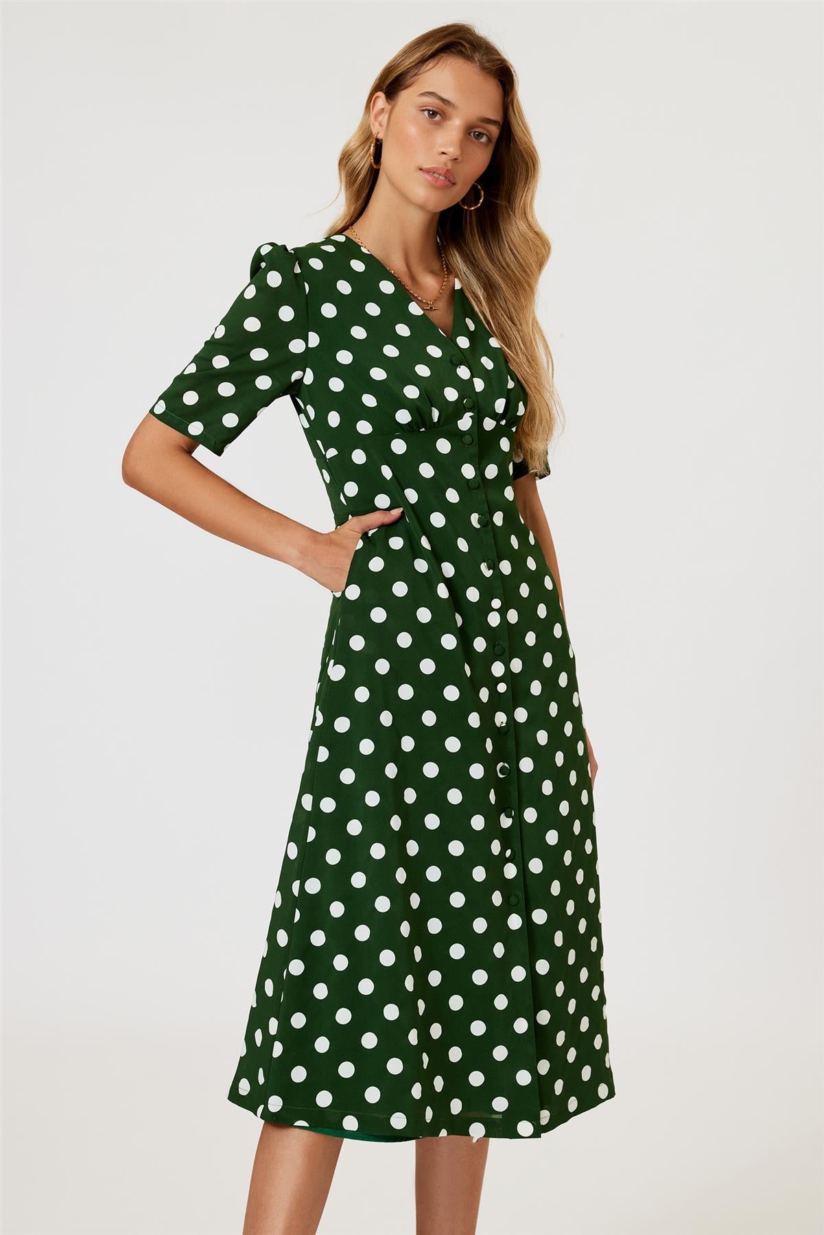 Polka Dot Print Button Front Midi Dress In Green