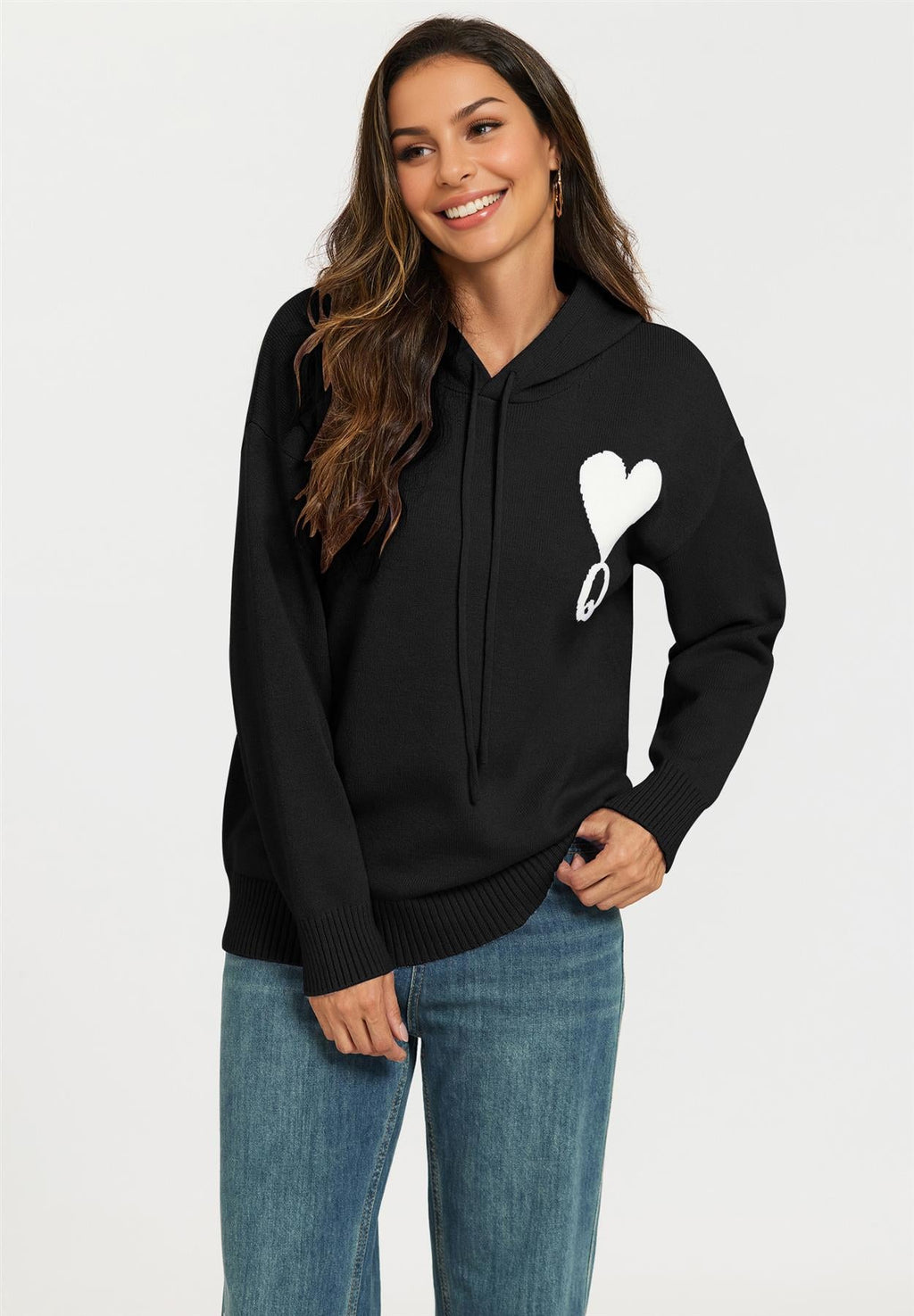 Heart & Q word knitted hoodie In Black