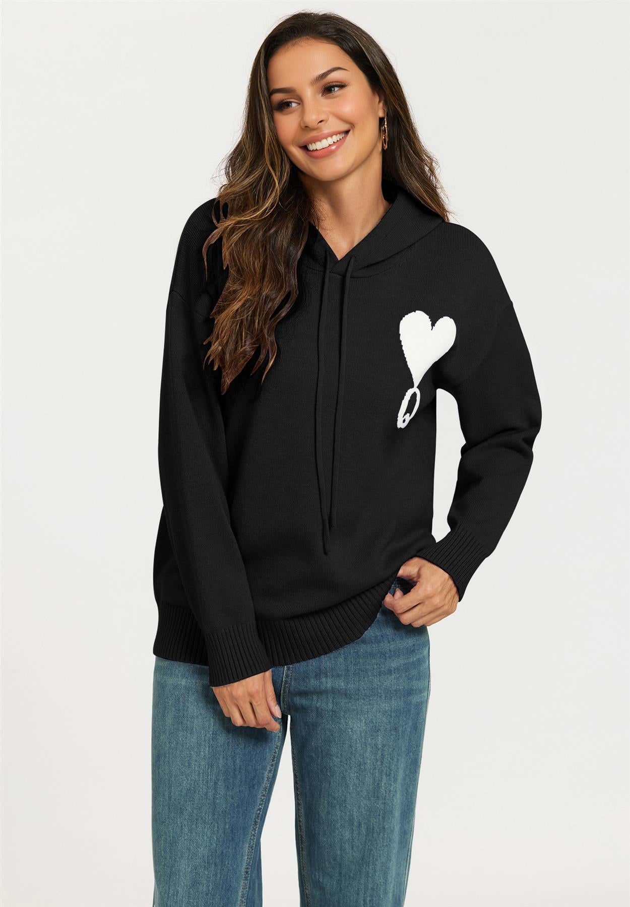 Heart & Q word knitted hoodie In Black