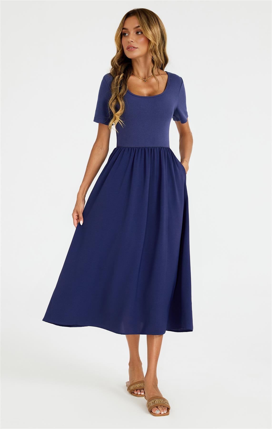 Short Sleeve Jersey Bodice Midi Dress with Pockets In Navy