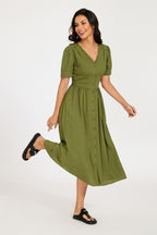 Button Front Short Sleeve Midi Dress In Khaki Green