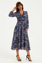 Gold Foil Abstract Print Long Sleeve Midi Dress In Navy