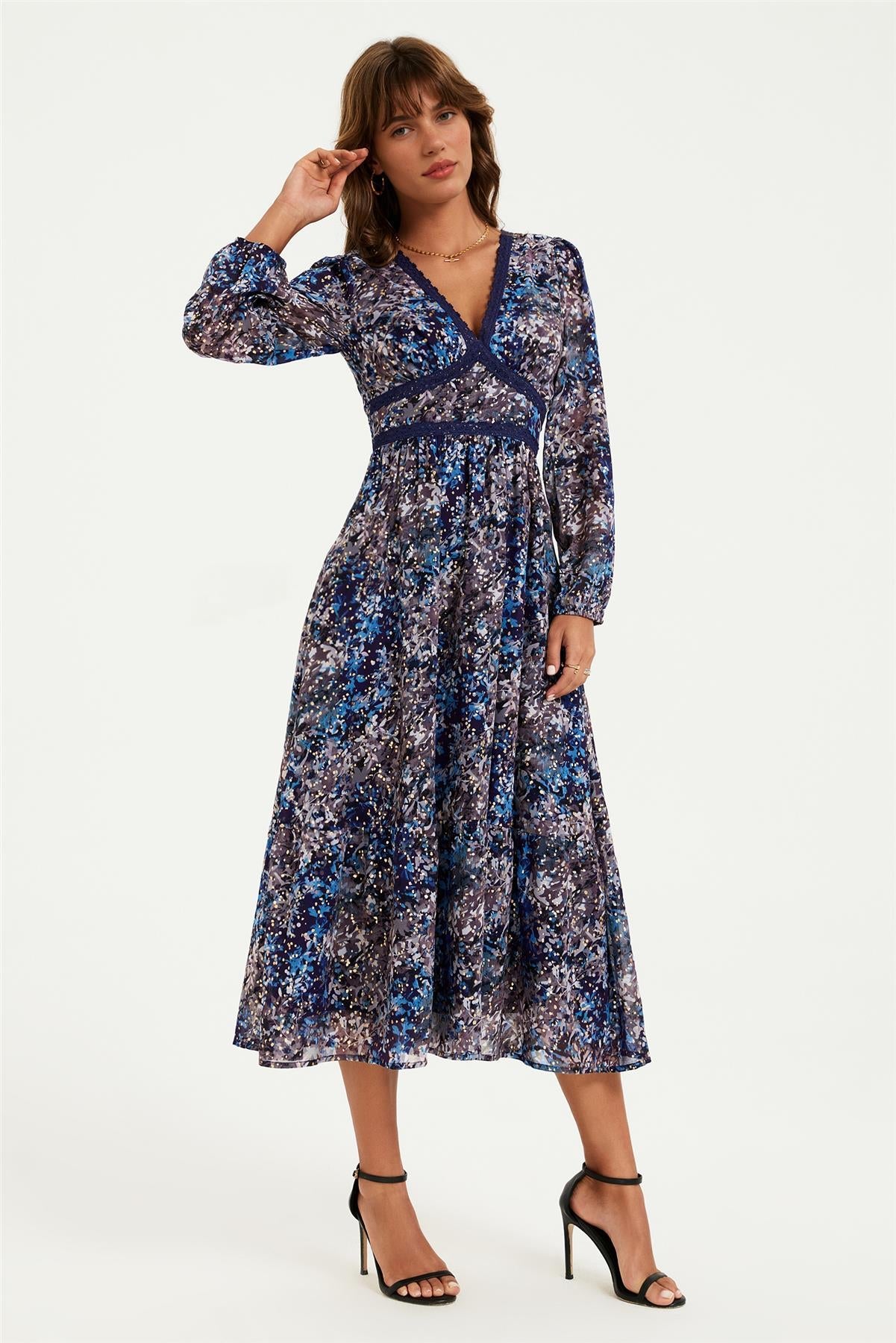 Gold Foil Abstract Print Long Sleeve Midi Dress In Navy