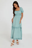 Robe longue Bardot bleue avec dentelle