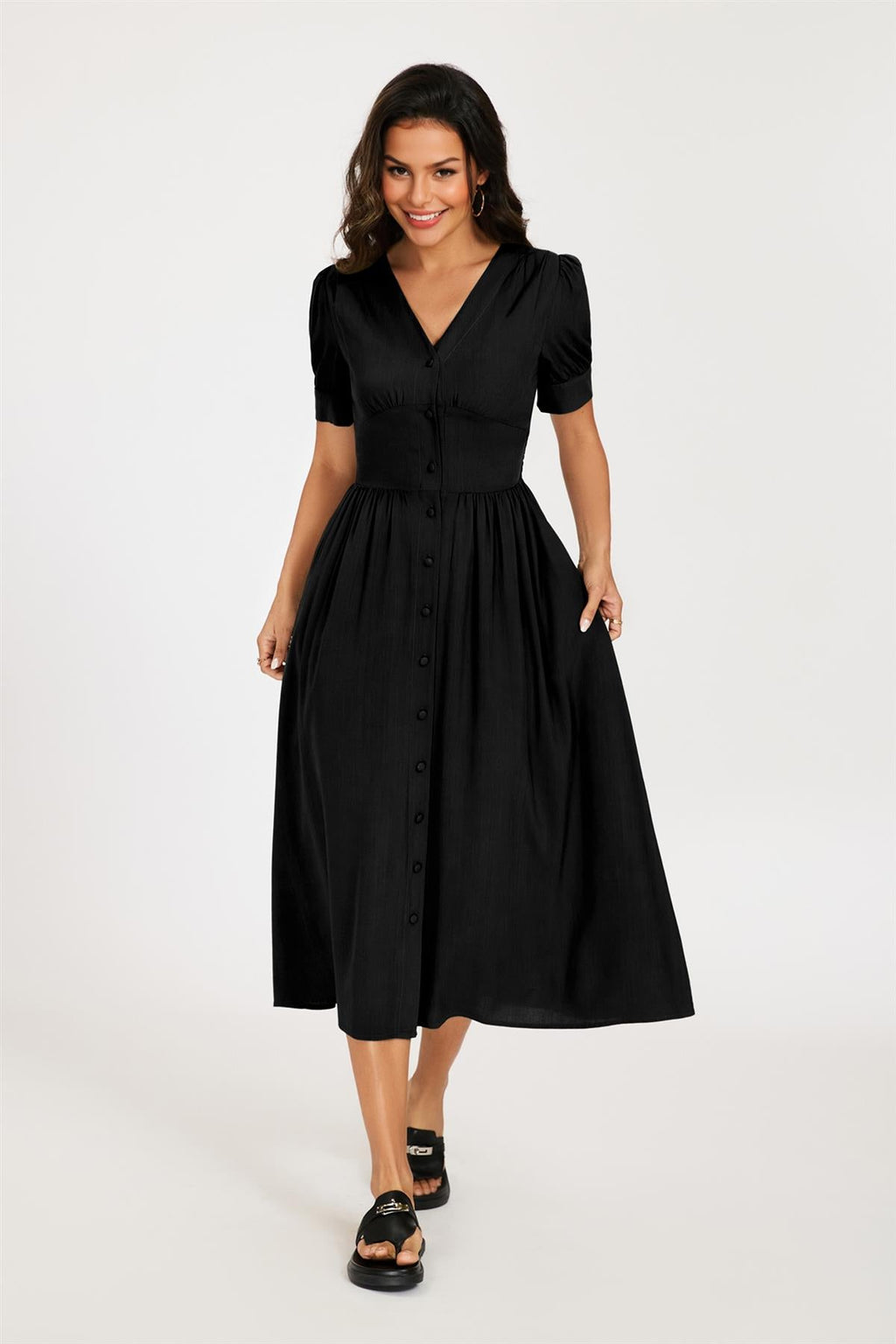 Button Front Short Sleeve Midi Dress In Black