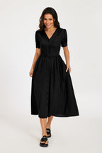Button Front Short Sleeve Midi Dress In Black