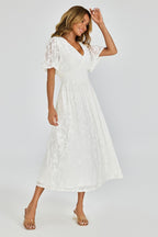 Off White Velvet Burnout V-Neck Angel Sleeve Midi Dress