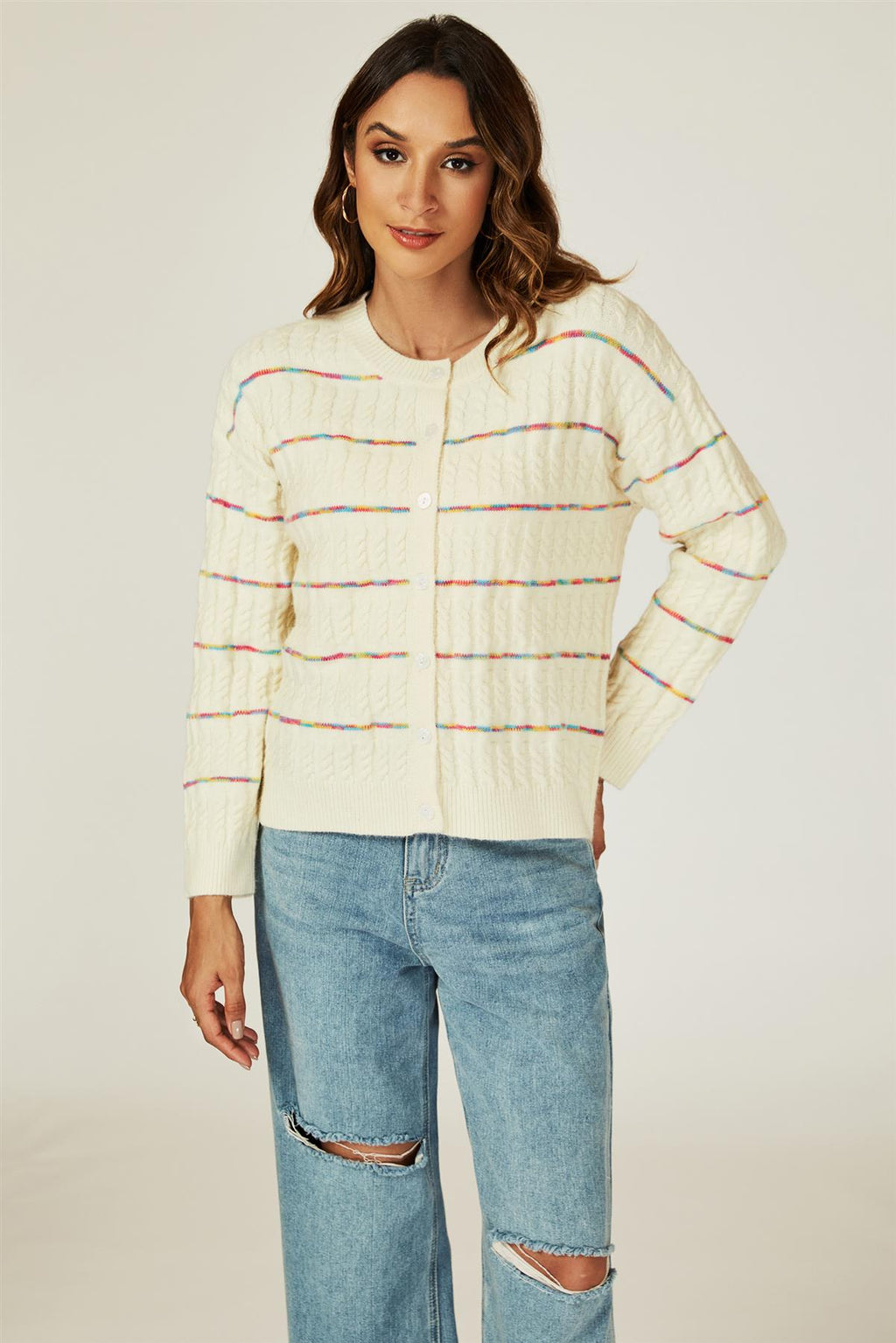 Rainbow Stripe Knitted Cardigan In White