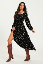 Polka Dot Square Neck Maxi Dress In Black