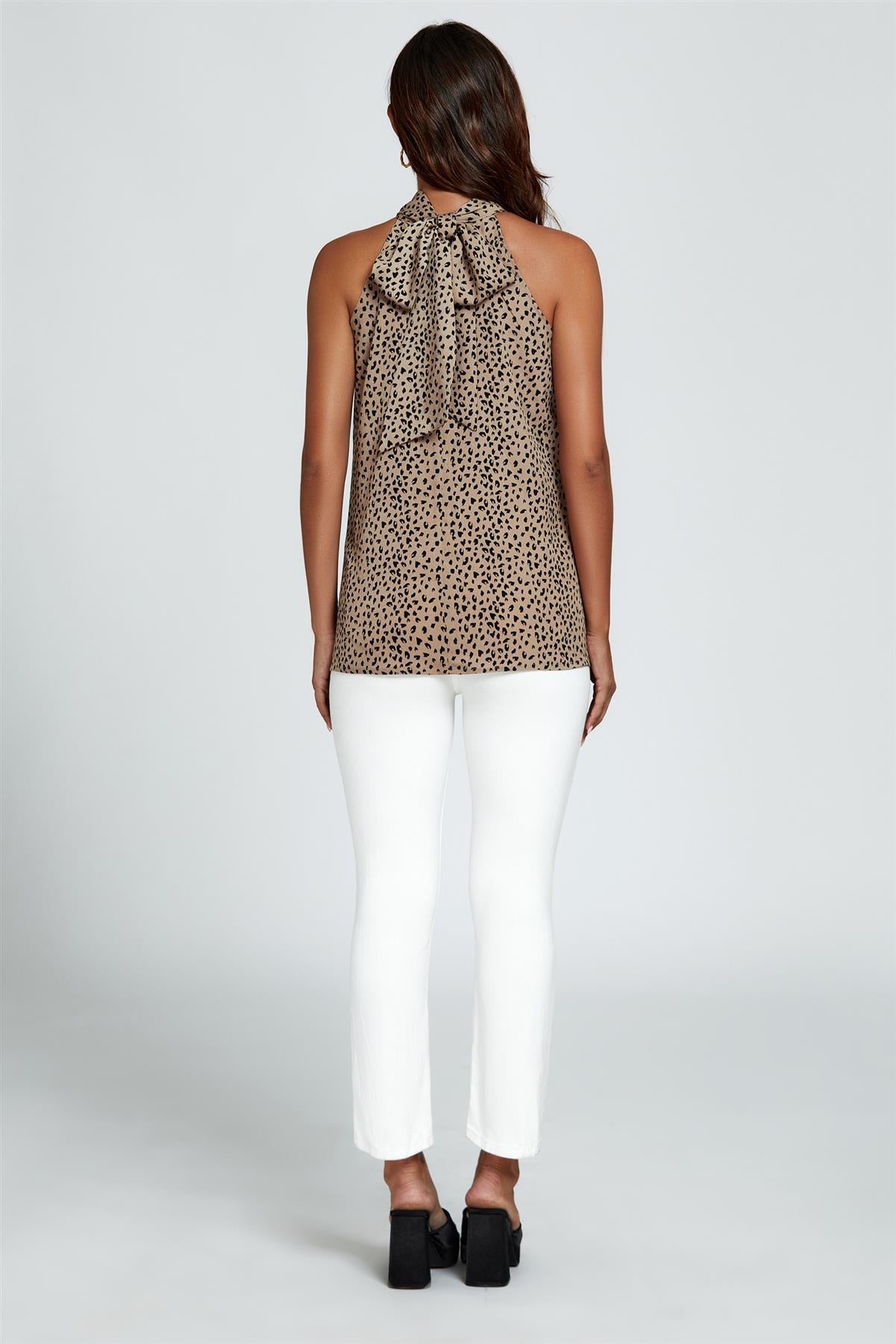 Leopard Print Halter Neck Tie Back Top In Beige