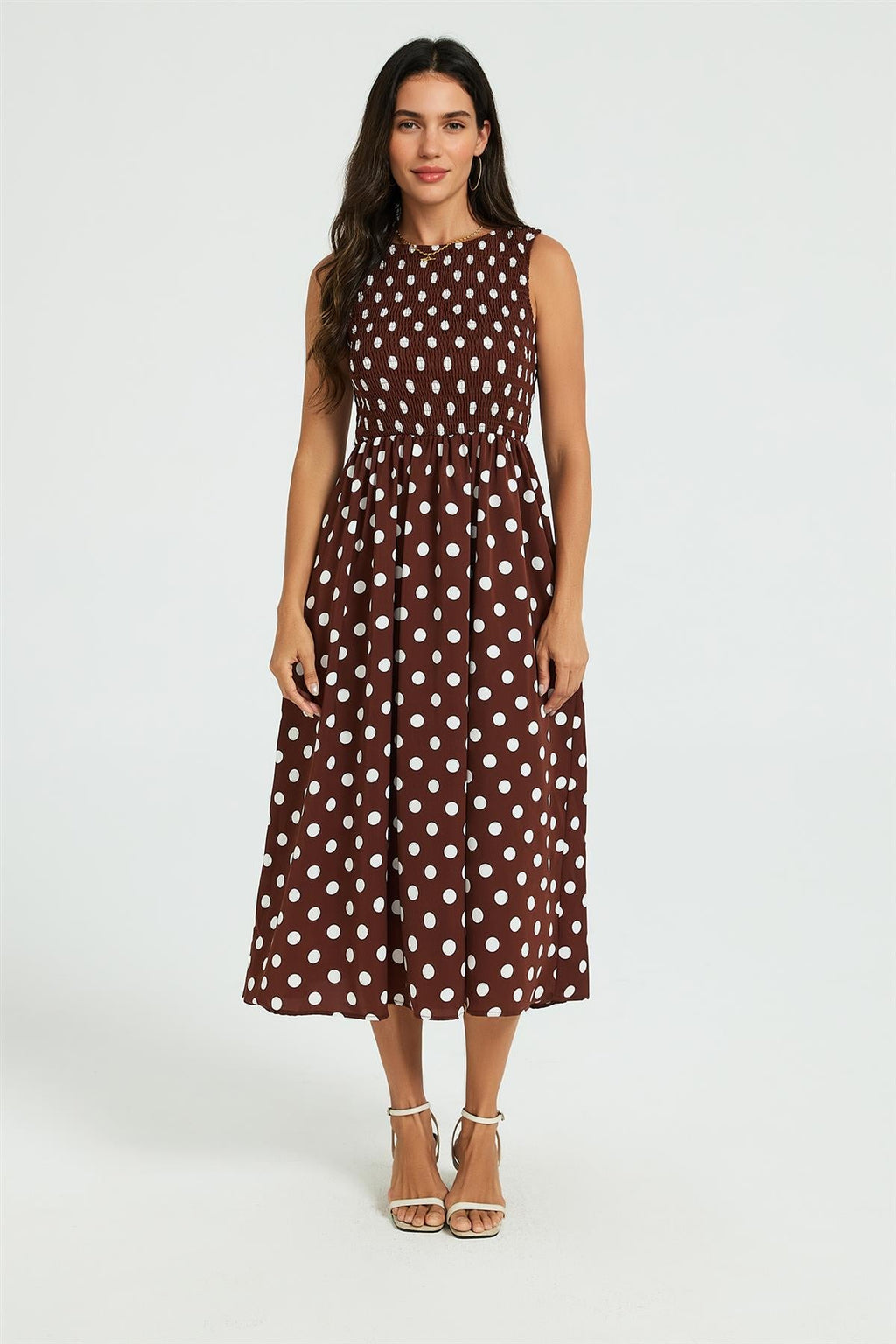 Dot Print Tie Back Sleeveless Shirred Top Midi Dress Brown