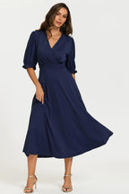 Half Sleeves Jersey Midi Dress with Wrap Neckline In Navy