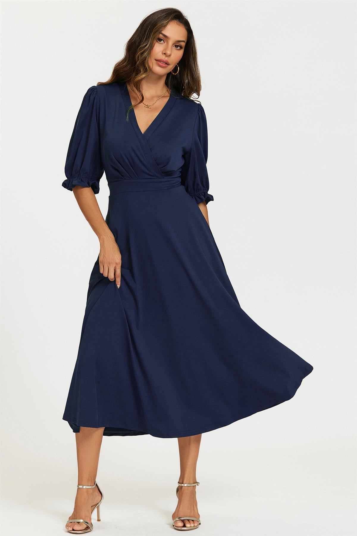 Half Sleeves Jersey Midi Dress with Wrap Neckline In Navy