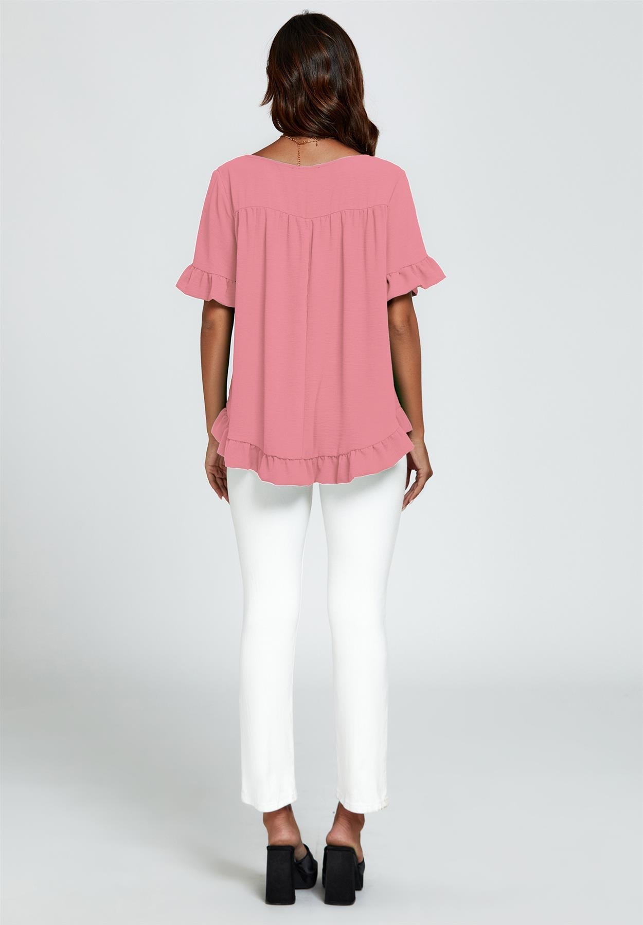 Frill Detail Short Sleeves Top In Powder