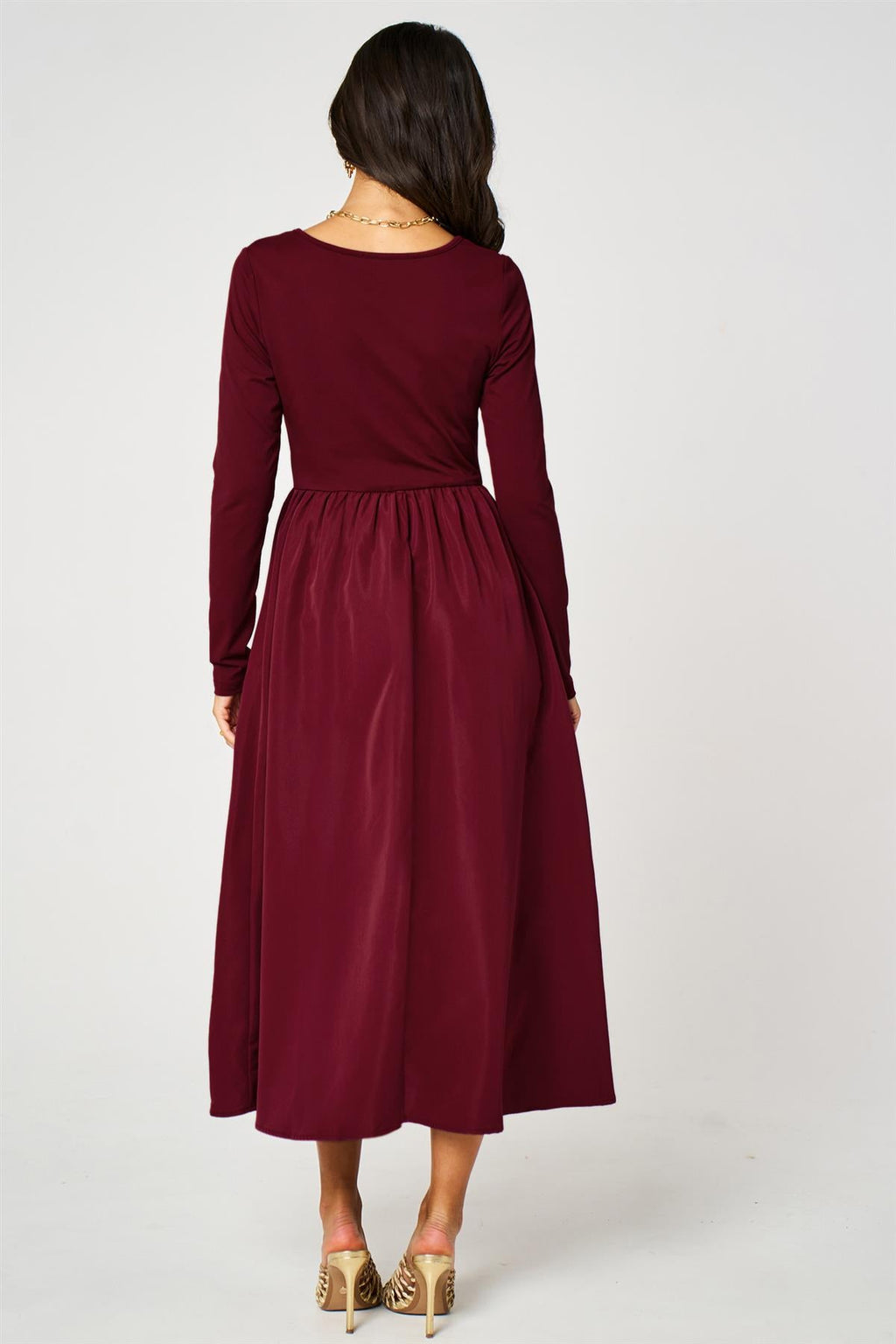 Long Sleeve Button Detail Midi Dress In Wine
