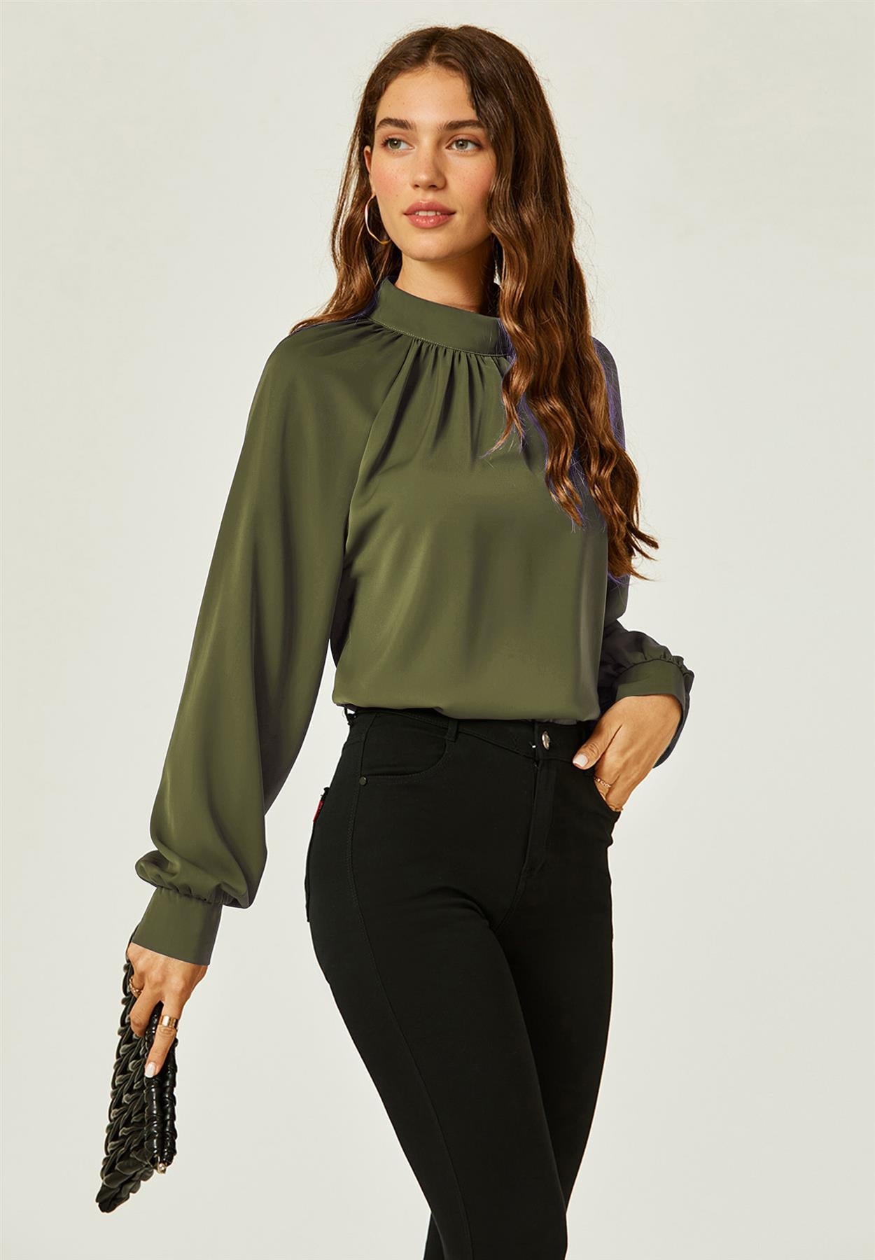 Halter Neck Blouse Top In Khaki Green