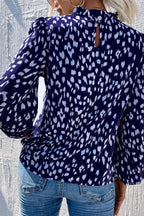 Animal Print Frill Detail High Neck Top In Navy