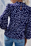 Animal Print Frill Detail High Neck Top In Navy