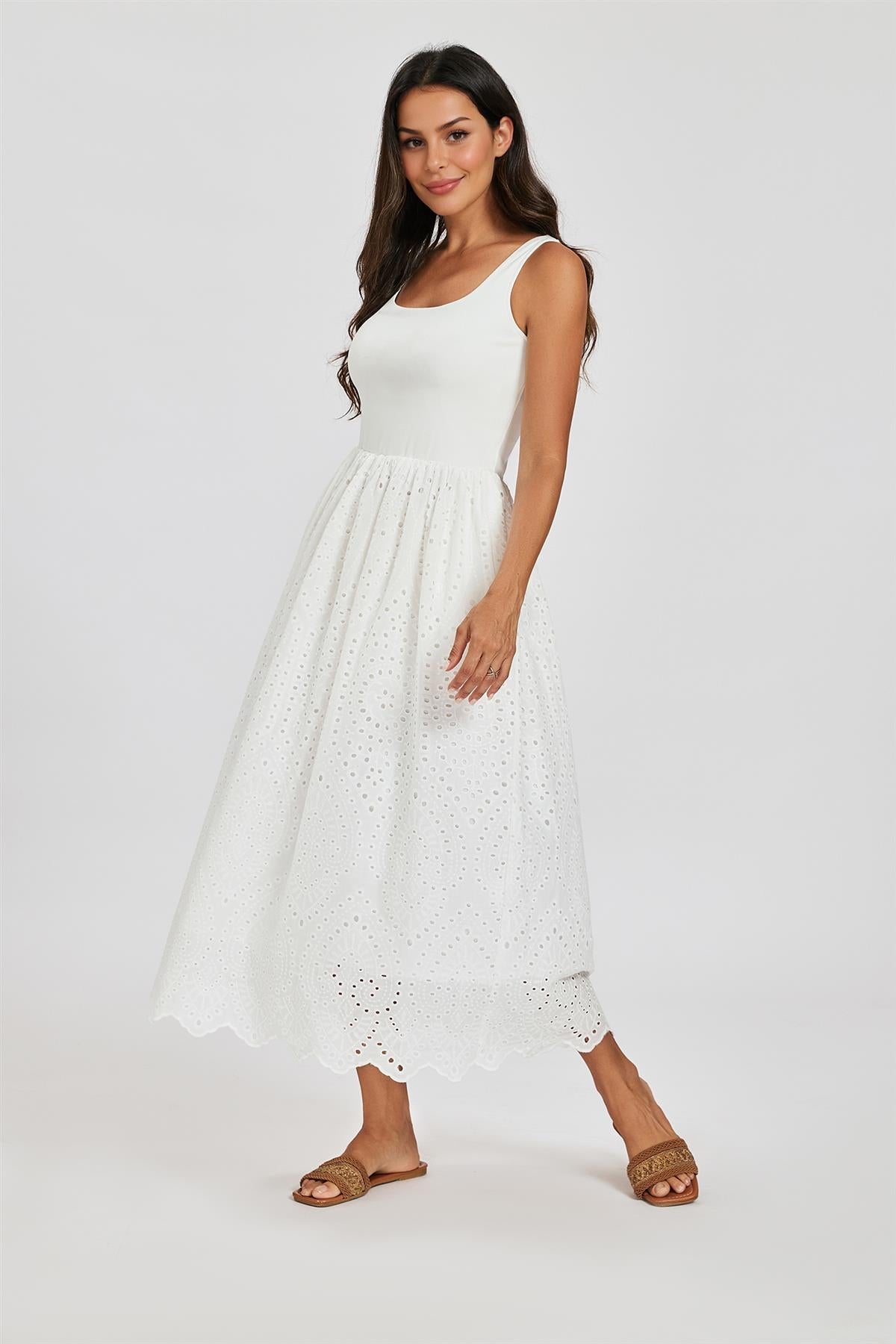 Sleeveless Jersey Top Broderie Midi Dress In White