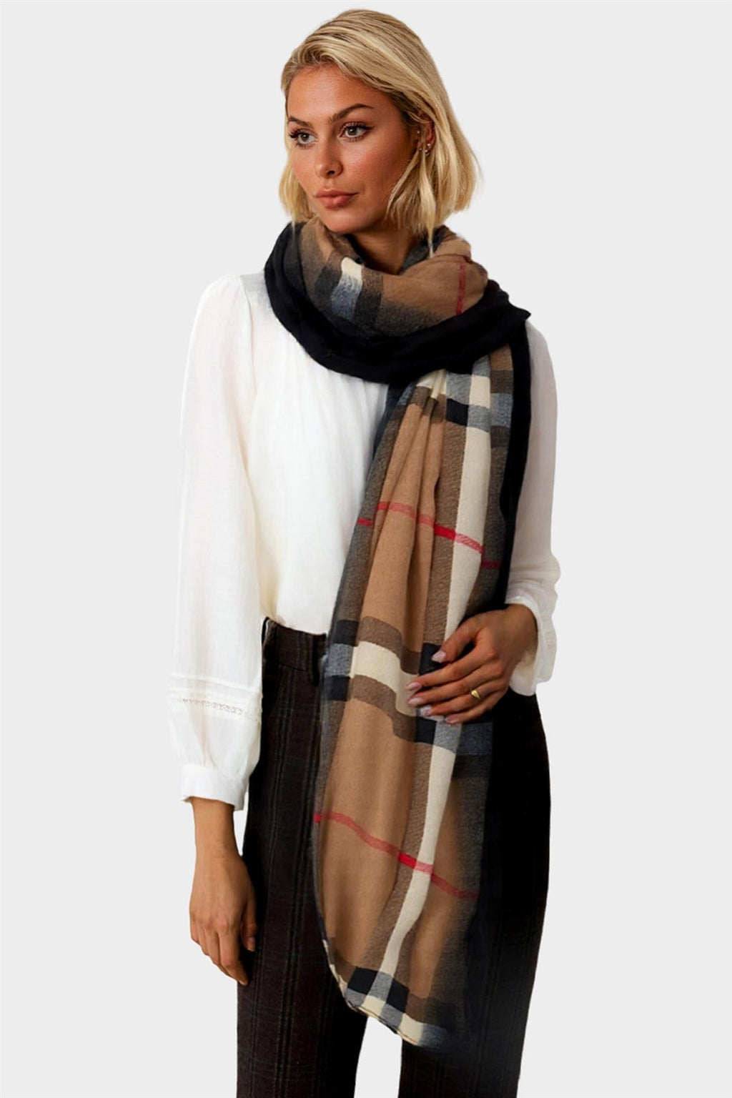 Check Print Scarf In Black & Beige