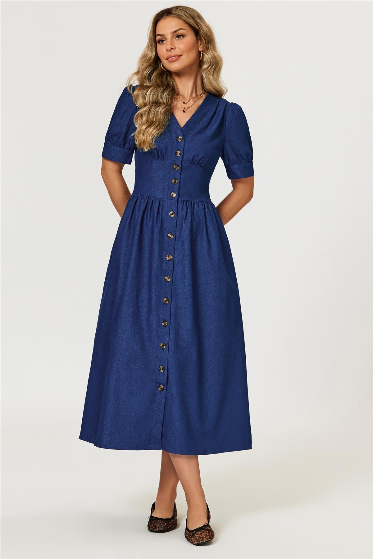 Denim Midi Dress In Blue